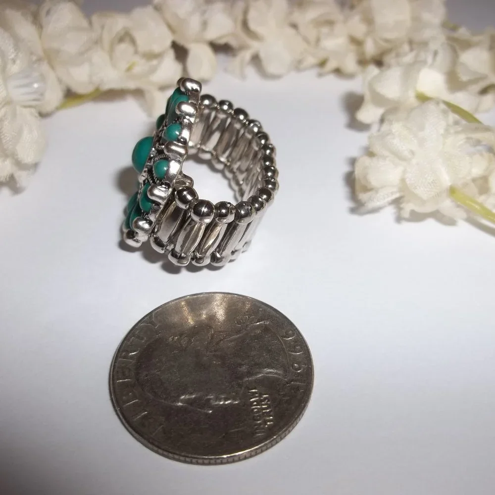 Teal Green and Silver Ring Adjustable Size Stretch Band Southwestern Style A945 - Picture 3 of 5